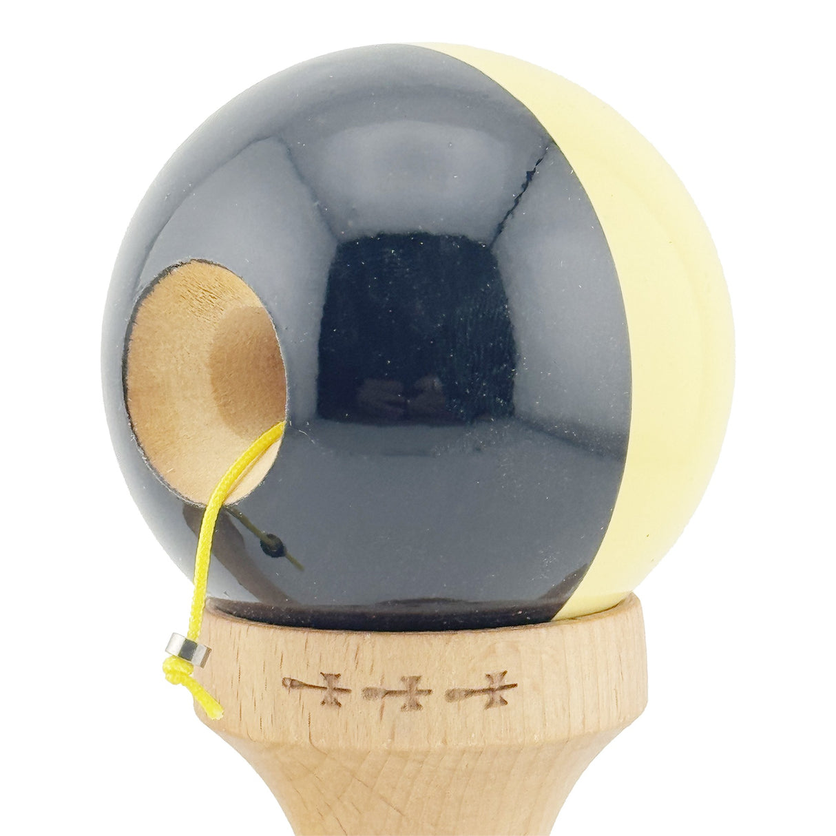 Kendama X Originala, Profesionala, Flippy, Big Cups V2, Super Sticky cu Cupe Mari, Rulment Metalic, din lemn 18 cm, Ata 55 cm, Galben/Negru