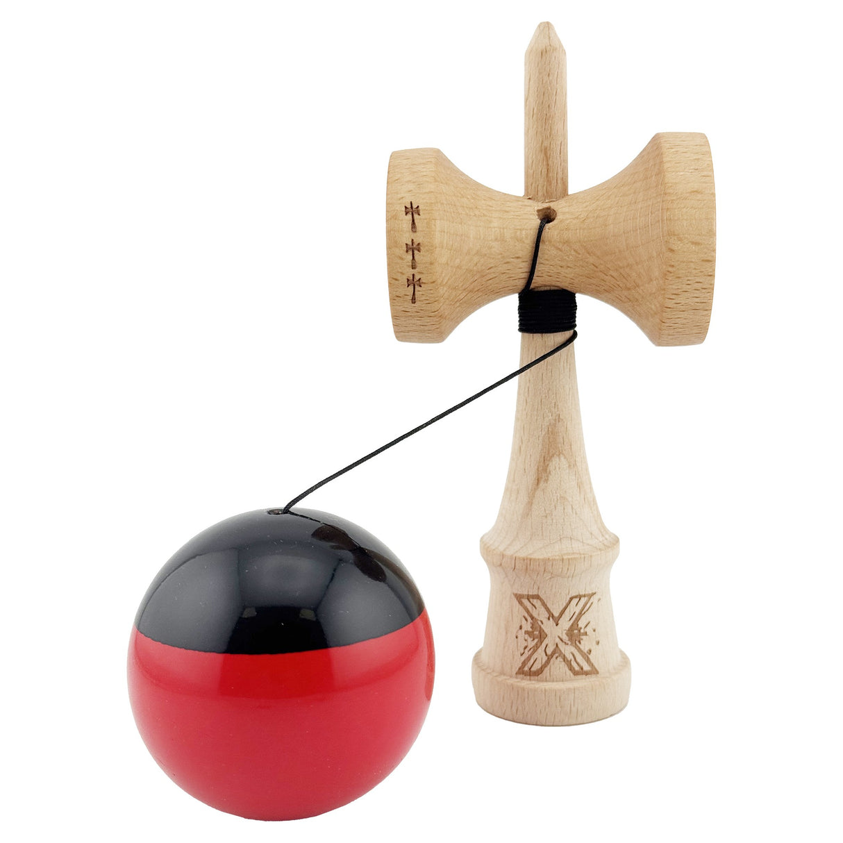 Kendama X Originala, Profesionala, Vivimall, Big Cups V2, Super Sticky cu Cupe Mari, Rulment Metalic, din lemn 18 cm, Ata 55 cm, Negru/Rosu - vivimall.ro