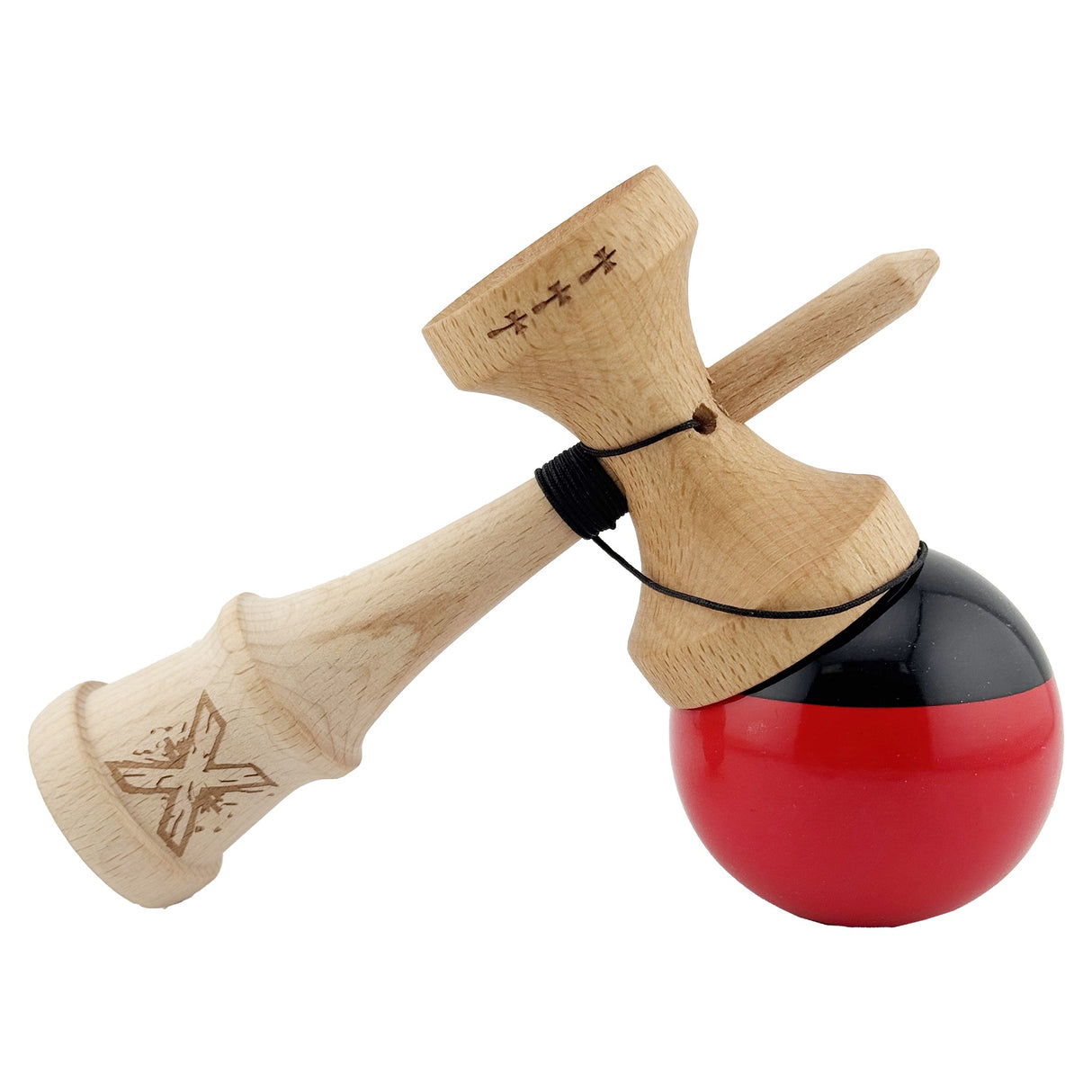 Kendama X Originala, Profesionala, Vivimall, Big Cups V2, Super Sticky cu Cupe Mari, Rulment Metalic, din lemn 18 cm, Ata 55 cm, Negru/Rosu - vivimall.ro