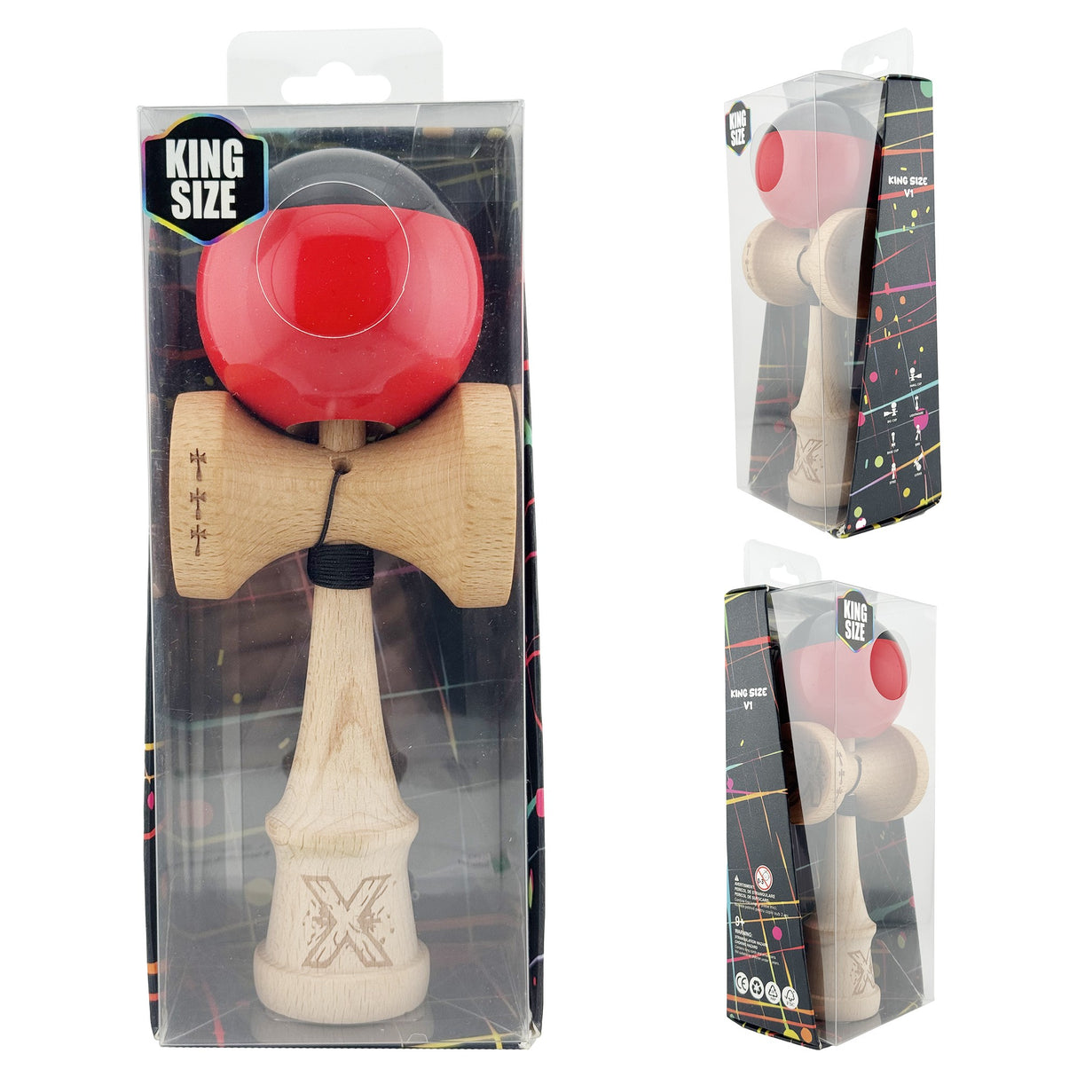 Kendama X Originala, Profesionala, Vivimall, Big Cups V2, Super Sticky cu Cupe Mari, Rulment Metalic, din lemn 18 cm, Ata 55 cm, Negru/Rosu - vivimall.ro