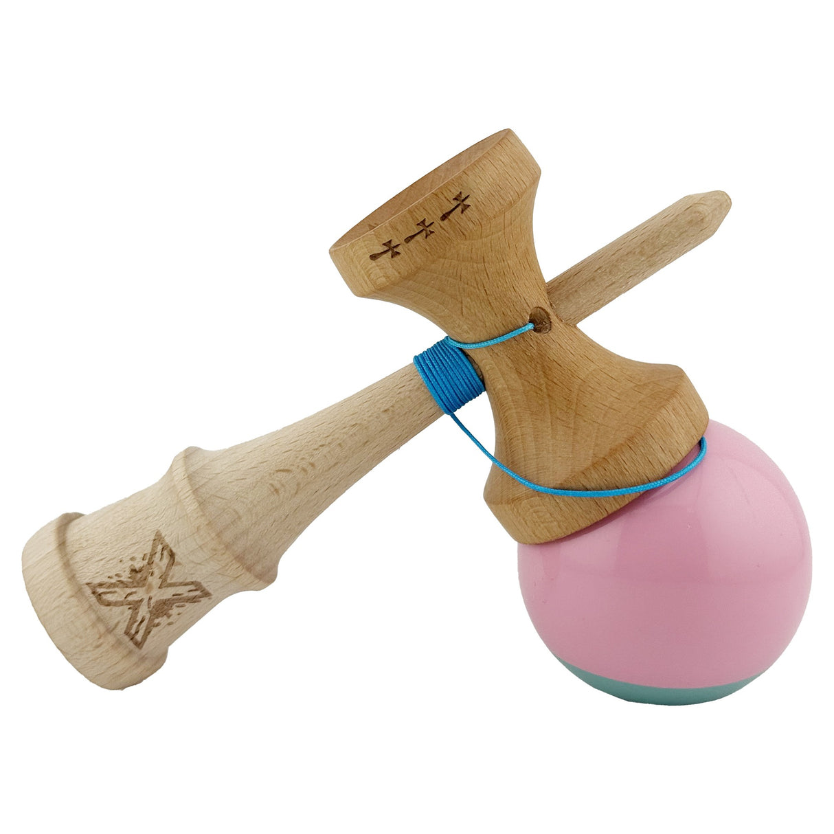 Kendama X Originala, Profesionala, Vivimall, Big Cups V2, Super Sticky Cupe Mari, Rulment Metalic cu Ata 55 cm, Roz/Verde - vivimall.ro