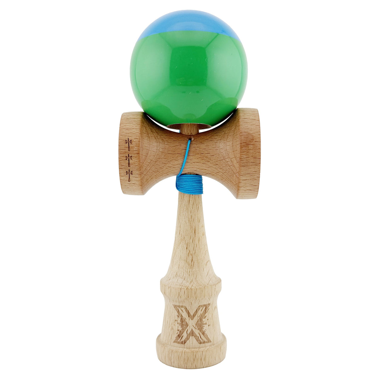 Kendama X Originala, Profesionala, Vivimall, Big Cups V2, Super Sticky cu Cupe Mari, Rulment Metalic, din lemn 18 cm, Ata 55 cm, Albastru/Verde - vivimall.ro