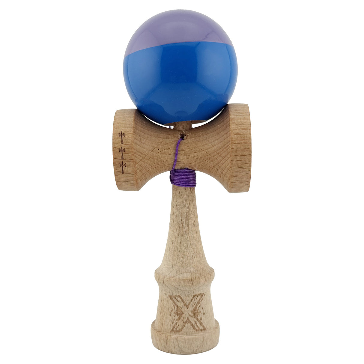 Kendama X Originala, Profesionala, Vivimall, Big Cups V2, Super Sticky cu Cupe Mari, Rulment Metalic, din lemn 18 cm, Ata 55 cm, Mov/Albastru - vivimall.ro