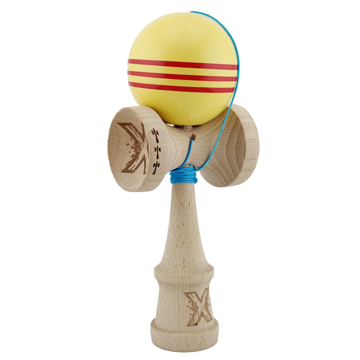 Kendama X Originala, Profesionala, Flippy, Big Cups V2, Super Sticky Legendary Cupe Mari, Rulment Metalic cu Ata 55 cm,-Galben/Linii Rosii - vivimall.ro