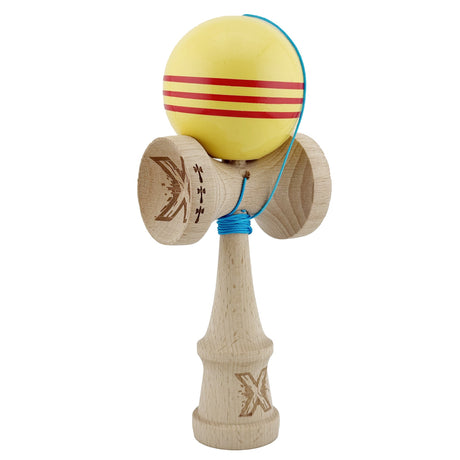 Kendama X Originala, Profesionala, Flippy, Big Cups V2, Super Sticky Legendary Cupe Mari, Rulment Metalic cu Ata 55 cm,-Galben/Linii Rosii - vivimall.ro