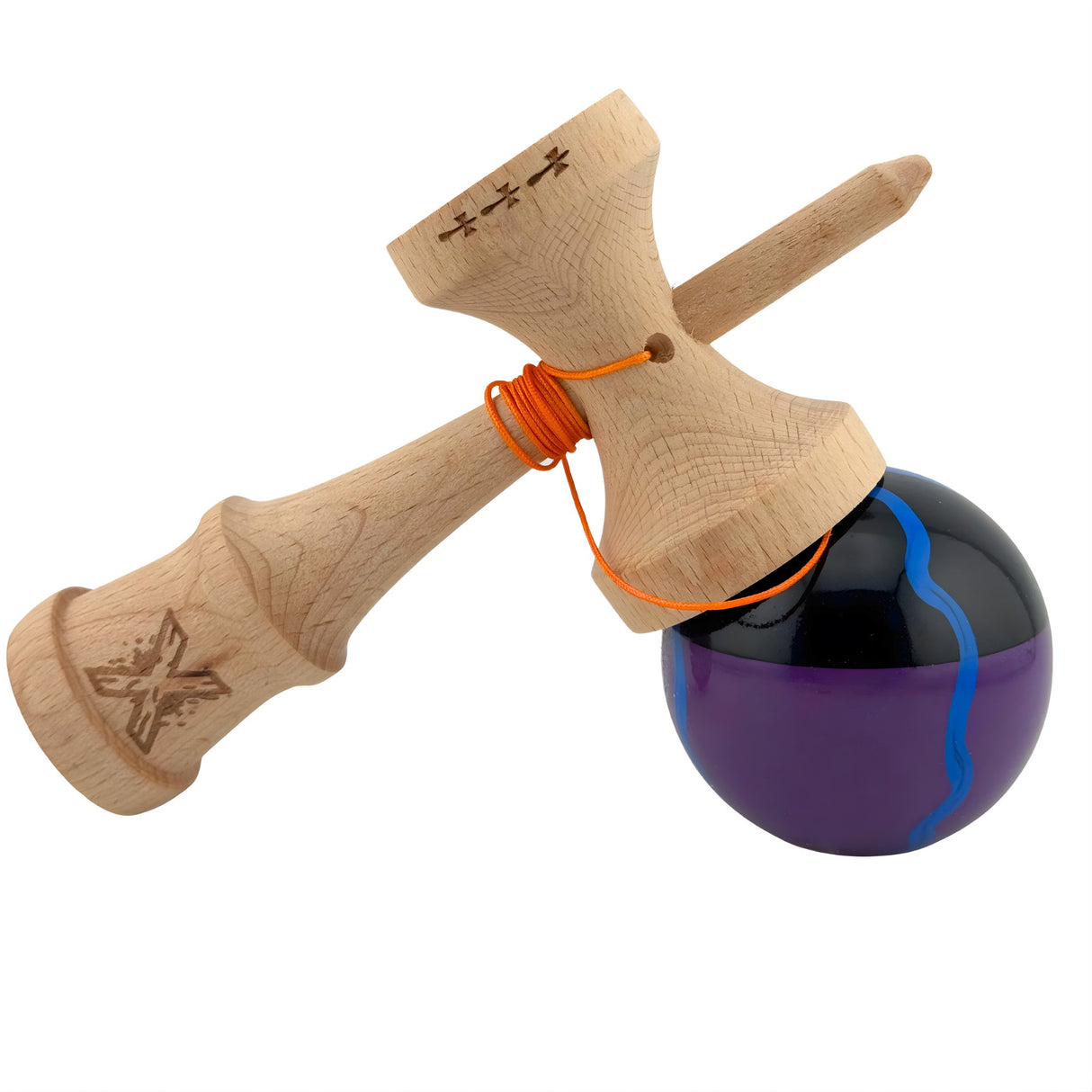 Kendama X Originala, Profesionala, Flippy, Big Cups V2, Super Sticky Cupe Mari, Rulment Metalic cu Ata 55 cm,-Negru Mov cu Linii - vivimall.ro