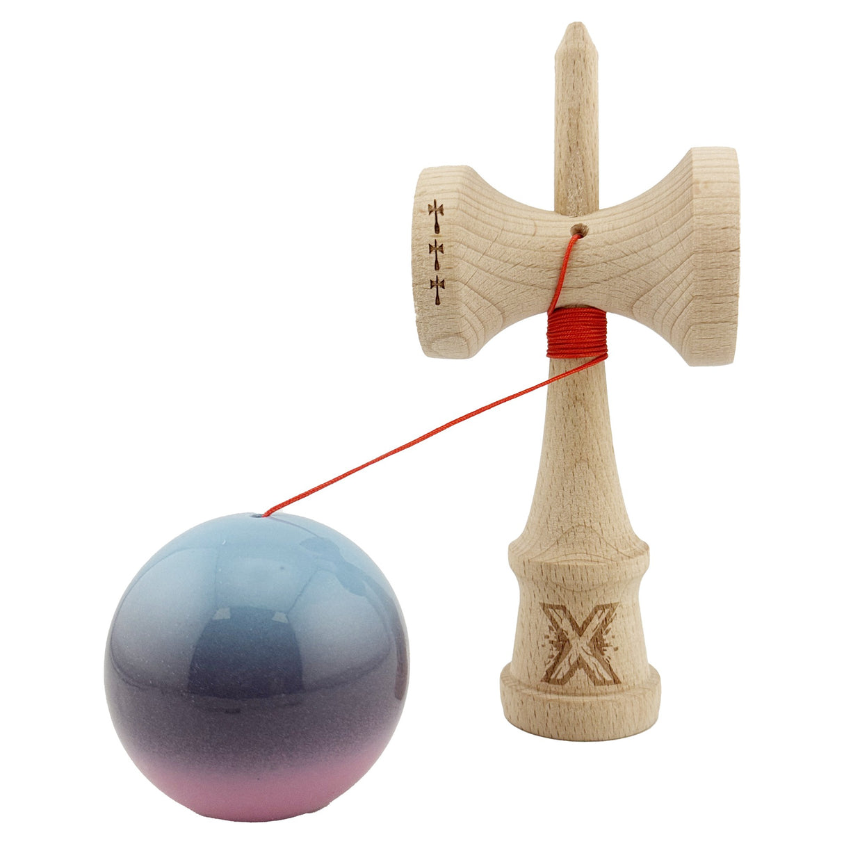 Kendama X Originala, Profesionala, Flippy, Big Cups V2, Super Sticky Cupe Mari, Rulment Metalic cu Ata 55 cm, Albastru Deschis/Mov/Roz - vivimall.ro