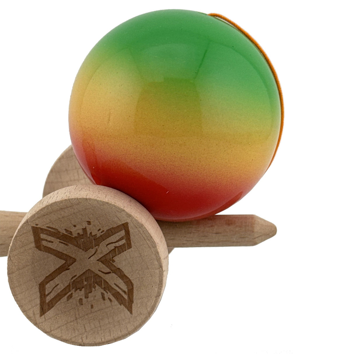 Kendama X Originala, Profesionala, Flippy, Big Cups V2, Super Sticky Cupe Mari, Rulment Metalic cu Ata 55 cm, Verde/Galben/Rosu - vivimall.ro