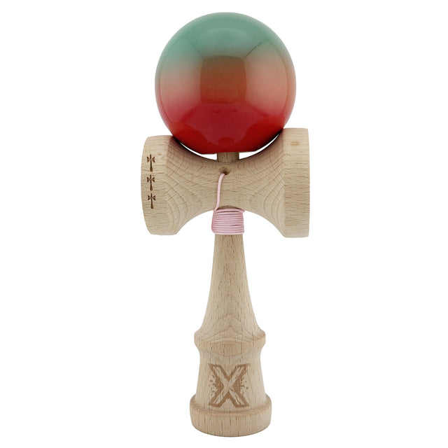 Kendama X Originala, Profesionala, Flippy, Big Cups V2, Super Sticky Cupe Mari, Rulment Metalic cu Ata 55 cm, Rosu/Verde - vivimall.ro