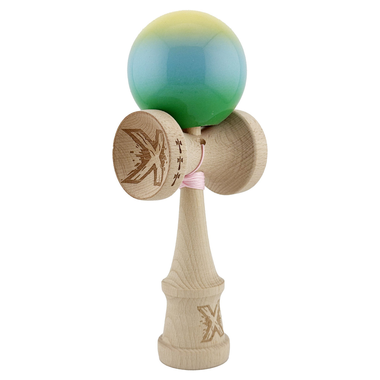 Kendama X Originala, Profesionala, Flippy, Big Cups V2, Super Sticky Cupe Mari, Rulment Metalic cu Ata 55 cm, Galben/Albastru deschis/Verde - vivimall.ro