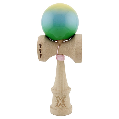 Kendama X Originala, Profesionala, Flippy, Big Cups V2, Super Sticky Cupe Mari, Rulment Metalic cu Ata 55 cm, Galben/Albastru deschis/Verde - vivimall.ro