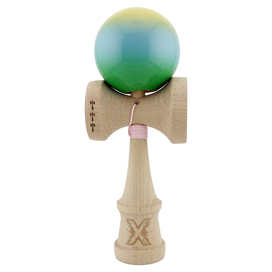 Kendama X Originala, Profesionala, Vivimall, Big Cups V2, Super Sticky Cupe Mari, Rulment Metalic cu Ata 55 cm, Galben/Albastru deschis/Verde - vivimall.ro