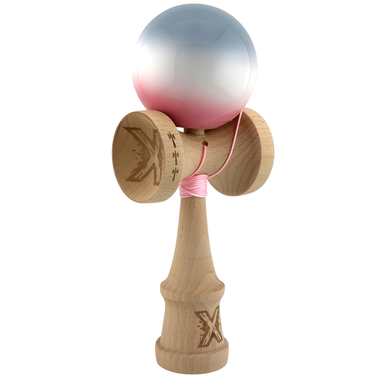 Kendama X Originala, Profesionala, Flippy, Big Cups V2, Super Sticky Cupe Mari, Rulment Metalic cu Ata 55 cm, Gradient Roz/Alb/Gri - vivimall.ro