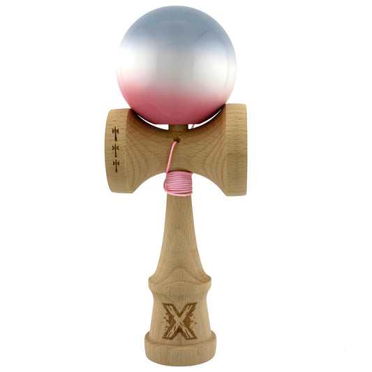 Kendama X Originala, Profesionala, Vivimall, Big Cups V2, Super Sticky Cupe Mari, Rulment Metalic cu Ata 55 cm, Gradient Roz/Alb/Gri - vivimall.ro