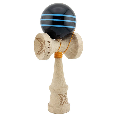 Kendama X Originala, Profesionala, Flippy, Big Cups V2, Super Sticky Legendary Cupe Mari, Rulment Metalic cu Ata 55 cm, Negru/Linii Albastre deschise - vivimall.ro