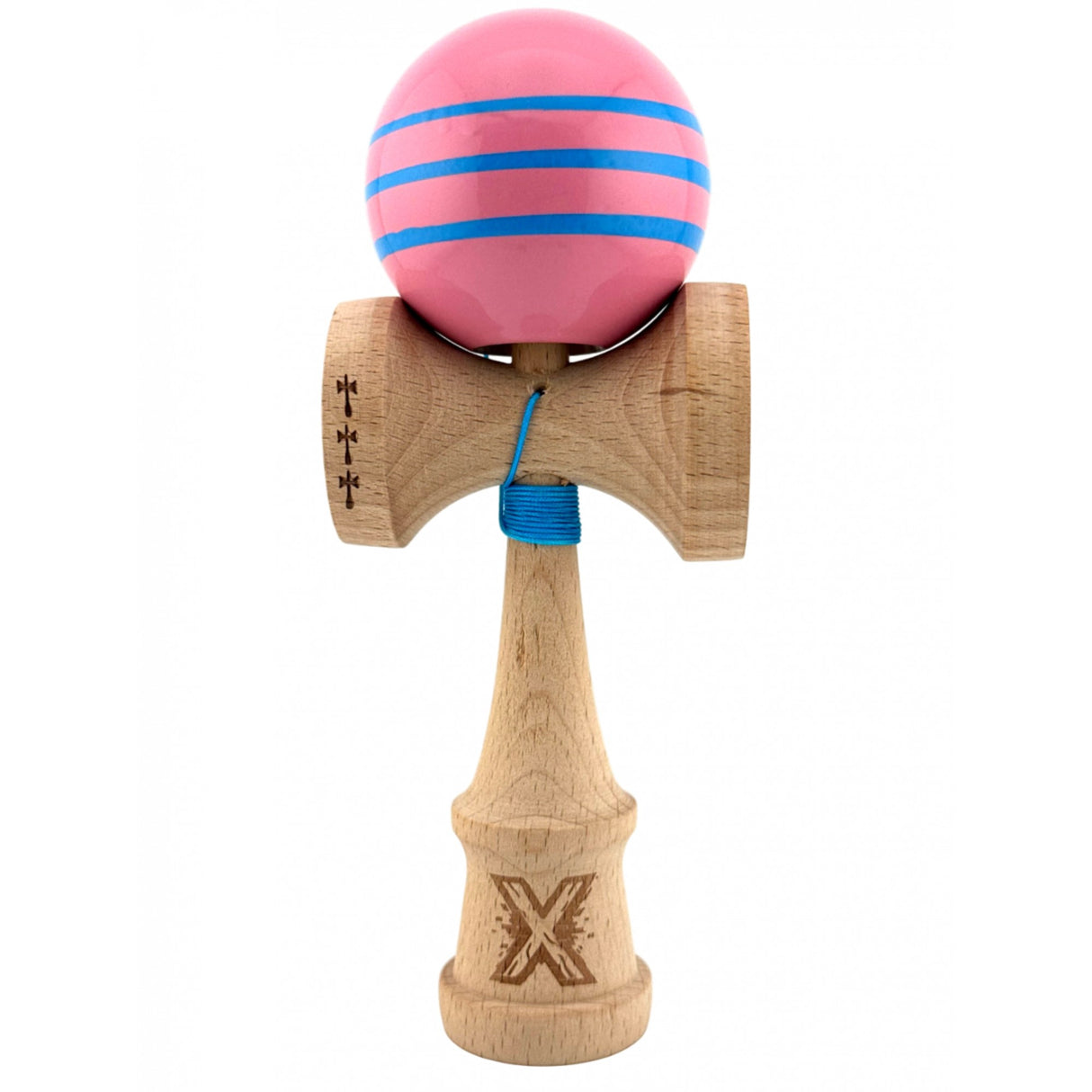 Kendama X Originala, Profesionala, Flippy, Big Cups V2, Super Sticky Legendary Cupe Mari, Rulment Metalic cu Ata 55 cm, Roz/Linii Albastre deschise - vivimall.ro
