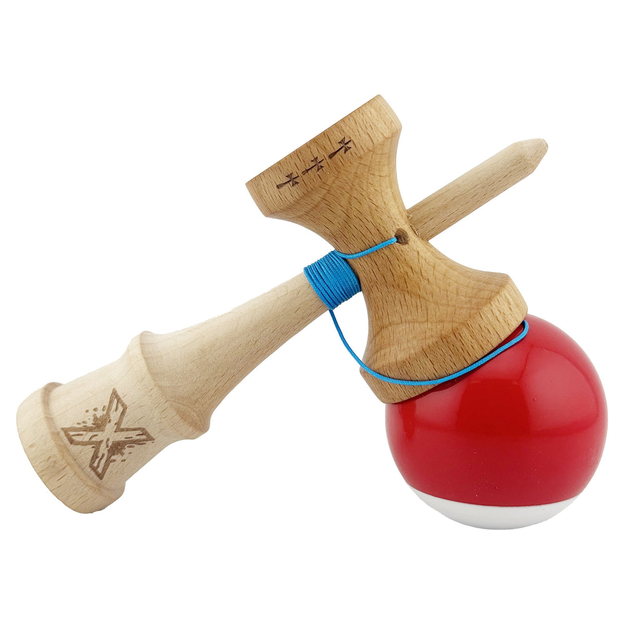 Kendama X Originala, Profesionala, Vivimall, Big Cups V2, Super Sticky cu Cupe Mari, din lemn 18 cm, Rulment Metalic cu Ata 55 cm, Rosu/Alb - vivimall.ro