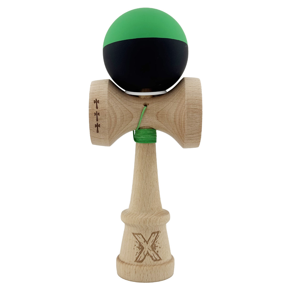 Kendama X Originala, Profesionala, Vivimall, Cupe Mari KING SIZE V3, Rubber Grip, Gaura in Baza, Rulment Metalic, din lemn 18 cm, Ata 55 cm, Bicolor Verde/Negru - vivimall.ro
