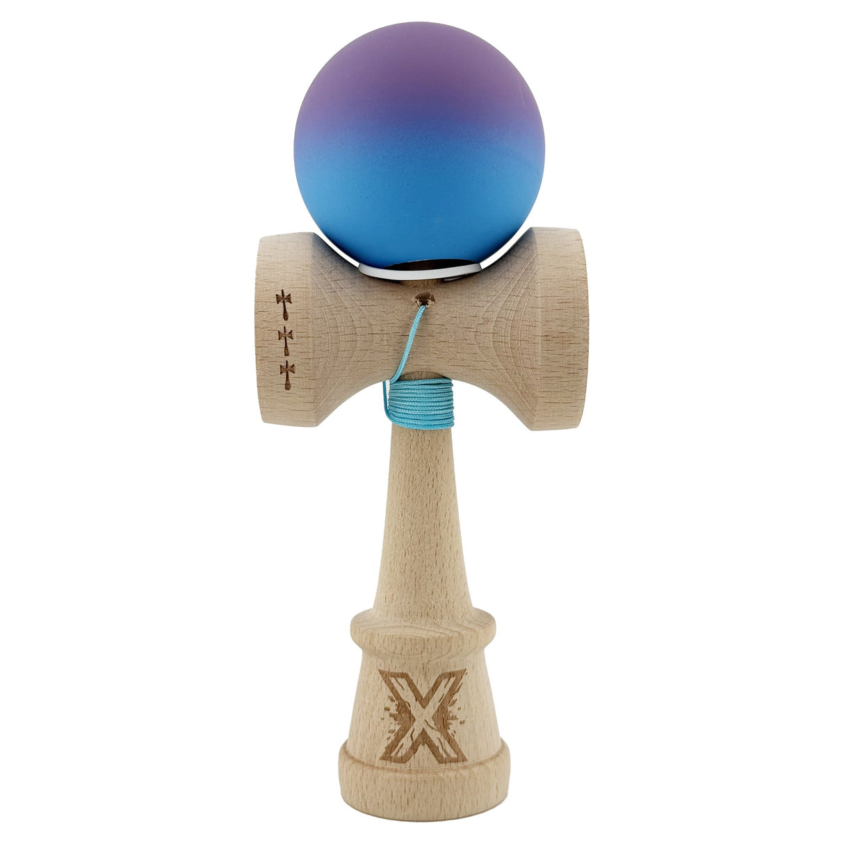 Kendama X Originala, Profesionala, Vivimall, Cupe Mari KING SIZE V3, Rubber Grip, Gaura in Baza, Rulment Metalic, din lemn 18 cm, Ata 55 cm, Gradient Mov/Albastru - vivimall.ro