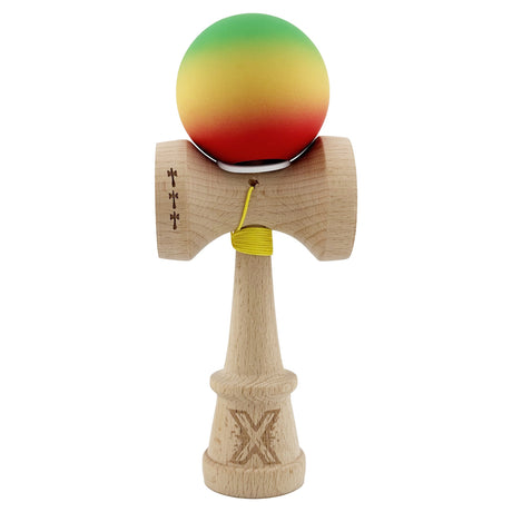 Kendama X Originala, Profesionala, Vivimall, Cupe Mari KING SIZE V3, Rubber Grip, Gaura in Baza, Rulment Metalic, din lemn 18 cm, Ata 55 cm, Gradient Verde/Galben/Rosu - vivimall.ro