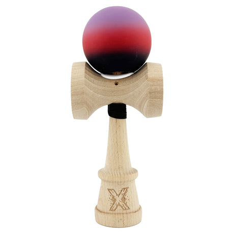 Kendama X Originala, Profesionala, Vivimall, Cupe Mari KING SIZE V3, Rubber Grip, Gaura in Baza, Rulment Metalic, din lemn 18 cm, Ata 55 cm, Gradient Mov/Rosu/Negru - vivimall.ro