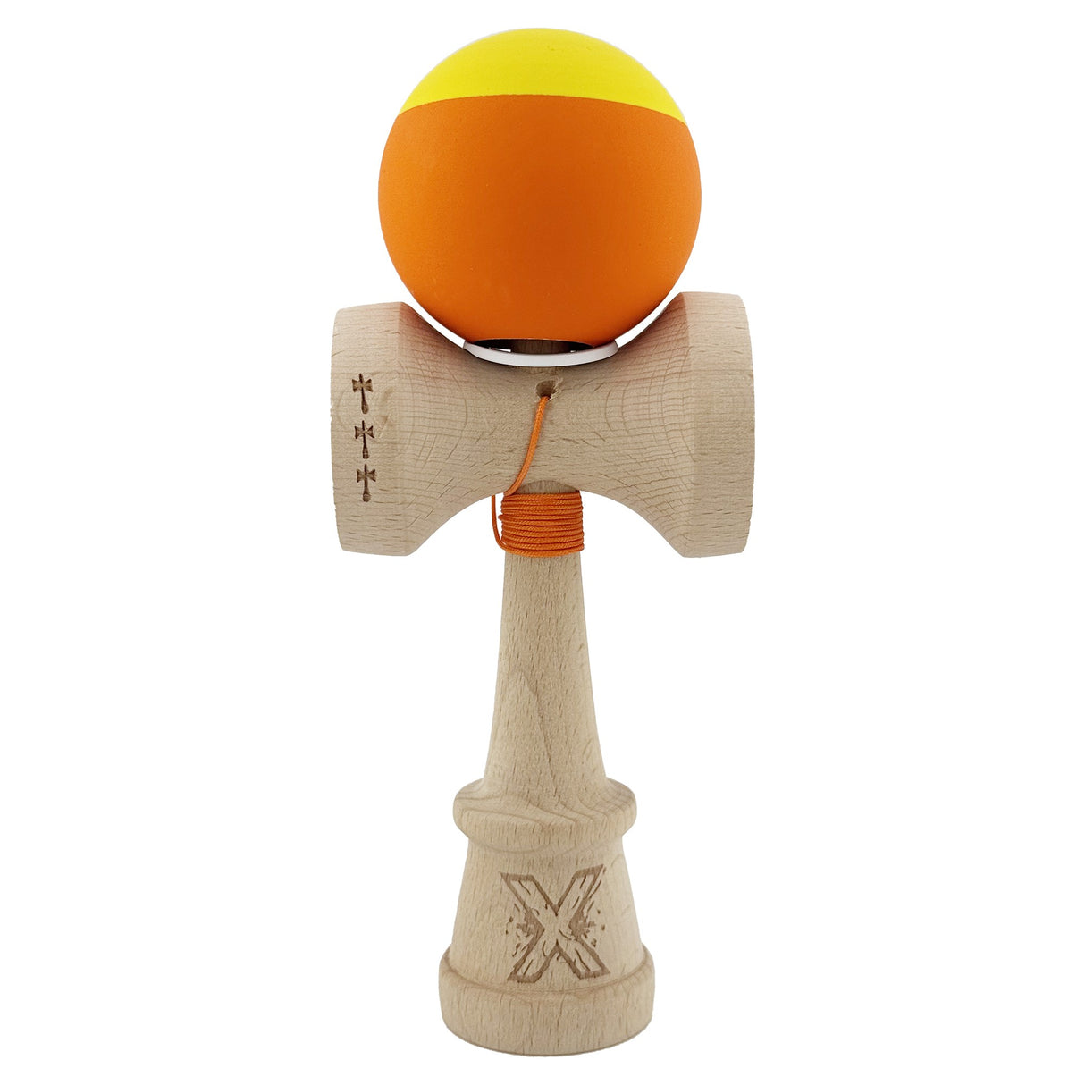 Kendama X Originala, Profesionala, Vivimall, Rubber Grip, Cupe Mari KING SIZE V3, Gaura in Baza, Rulment Metalic, din lemn 18 cm, Ata 55 cm, Bicolor Galben/Portocaliu - vivimall.ro