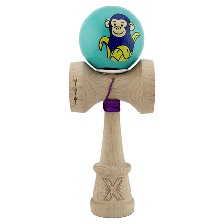 Kendama X Originala, Profesionala, Vivimall, Blue Monkey, Super Sticky cu Cupe Mari King Size V3, Rulment Metalic si Gaura in Baza, din Lemn 18 cm, Ata 55 cm, Turcoaz - vivimall.ro