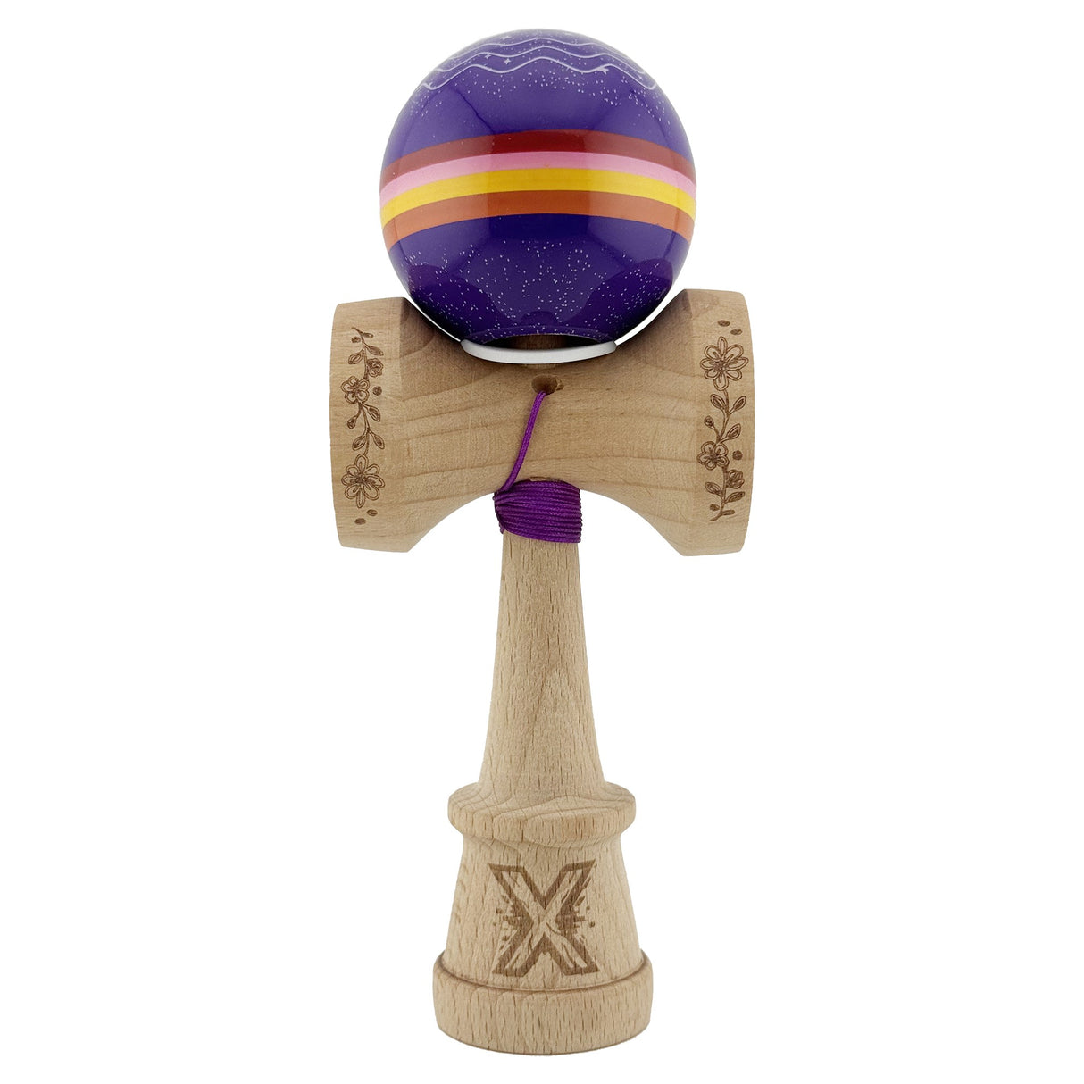 Kendama X Originala, Profesionala, Flippy, NIGHT SKY, Super Sticky cu Cupe Mari KING SIZE V3, Gaura in Baza, Rulment Metalic, din lemn 18 cm, Ata 62/65 cm, Mov - vivimall.ro