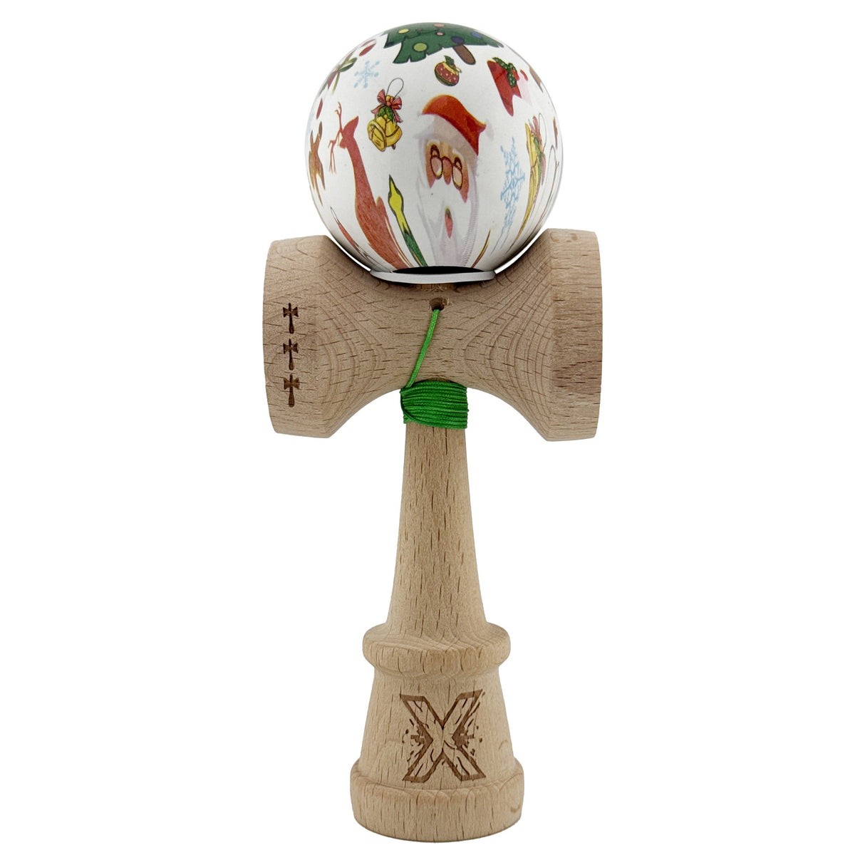 Kendama X Originala, Profesionala, Vivimall, Christmas Edition, Super Sticky cu Cupe Mari KING SIZE V3, Rulment Metalic si Gaura in Baza, din Lemn 18 cm, Ata 55 cm, Alb Xmass Party - vivimall.ro