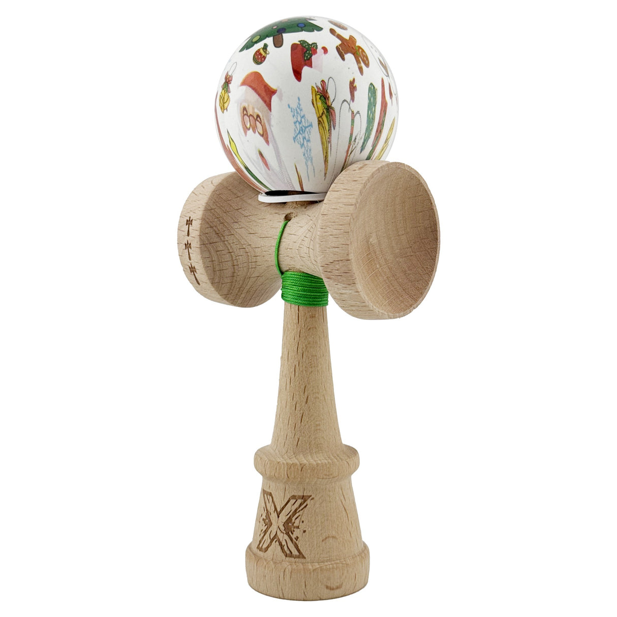 Kendama X Originala, Profesionala, Vivimall, Christmas Edition, Super Sticky cu Cupe Mari KING SIZE V3, Rulment Metalic si Gaura in Baza, din Lemn 18 cm, Ata 55 cm, Alb Xmass Party - vivimall.ro