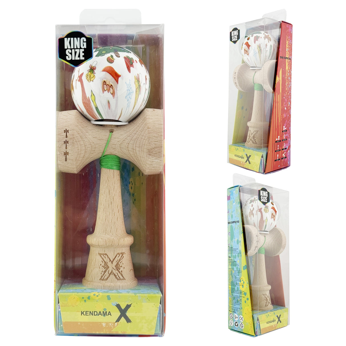 Kendama X Originala, Profesionala, Vivimall, Christmas Edition, Super Sticky cu Cupe Mari KING SIZE V3, Rulment Metalic si Gaura in Baza, din Lemn 18 cm, Ata 55 cm, Alb Xmass Party - vivimall.ro