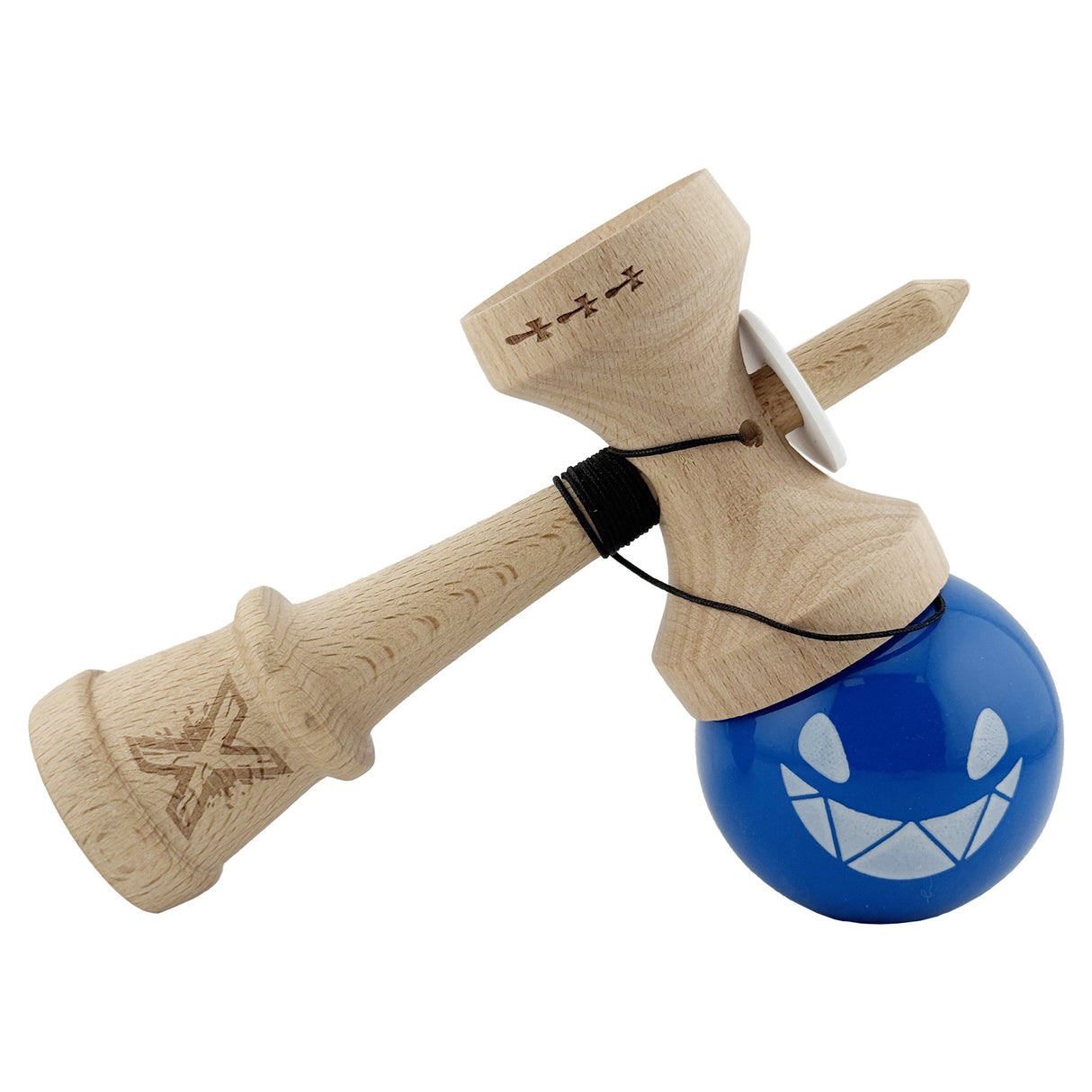 Kendama X Originala, Profesionala, Flippy, Crazy Smile, Super Sticky cu Cupe Mari KING SIZE V3, Gaura in Baza, Rulment Metalic, din lemn 18 cm, Ata 62/65 cm, Special Albastru - vivimall.ro