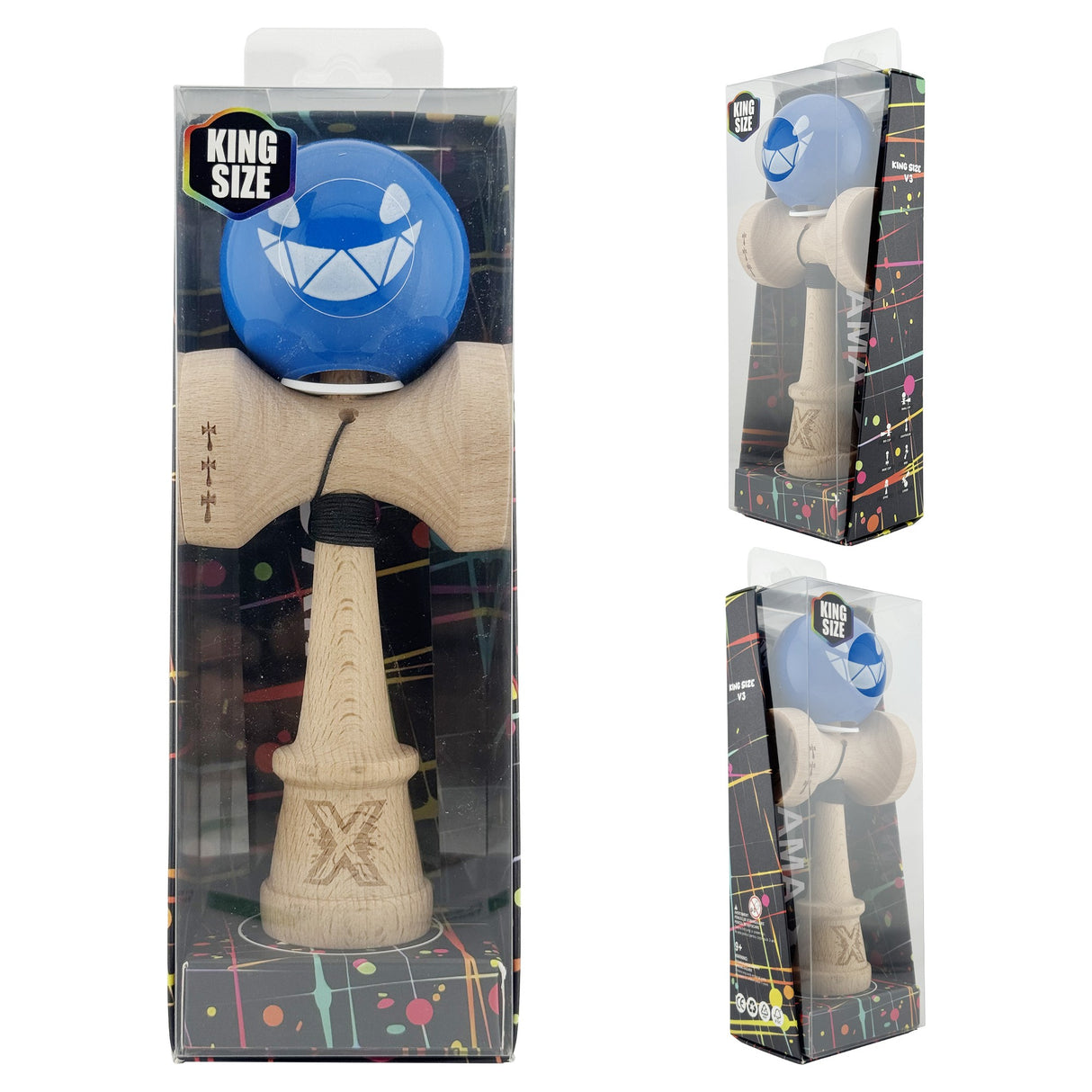 Kendama X Originala, Profesionala, Flippy, Crazy Smile, Super Sticky cu Cupe Mari KING SIZE V3, Gaura in Baza, Rulment Metalic, din lemn 18 cm, Ata 62/65 cm, Special Albastru - vivimall.ro