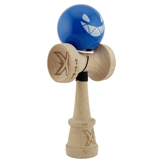 Kendama X Originala, Profesionala, Vivimall, Crazy Smile, Super Sticky cu Cupe Mari KING SIZE V3, Gaura in Baza, Rulment Metalic, din lemn 18 cm, Ata 62/65 cm, Special Albastru - vivimall.ro