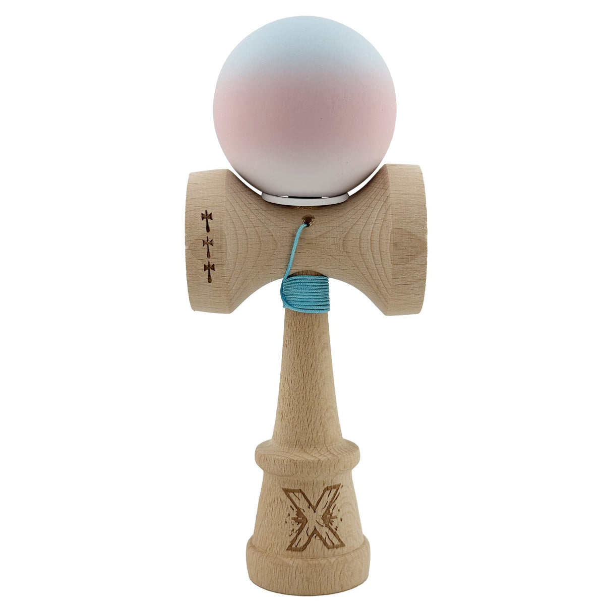 Kendama X Originala, Profesionala, Vivimall, Cupe Mari KING SIZE V3, Rubber Grip, Gaura in Baza, Rulment Metalic, din lemn 18 cm, Ata 55 cm, Gradient Albastru deschis/Roz/Alb - vivimall.ro