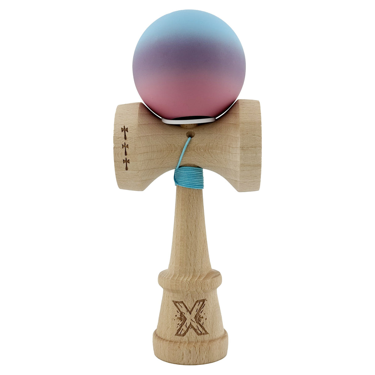 Kendama X Originala, Profesionala, Vivimall, Cupe Mari KING SIZE V3, Rubber Grip, Gaura in Baza, Rulment Metalic, din lemn 18 cm, Ata 55 cm, Gradient Albastru deschis/Mov/Roz - vivimall.ro