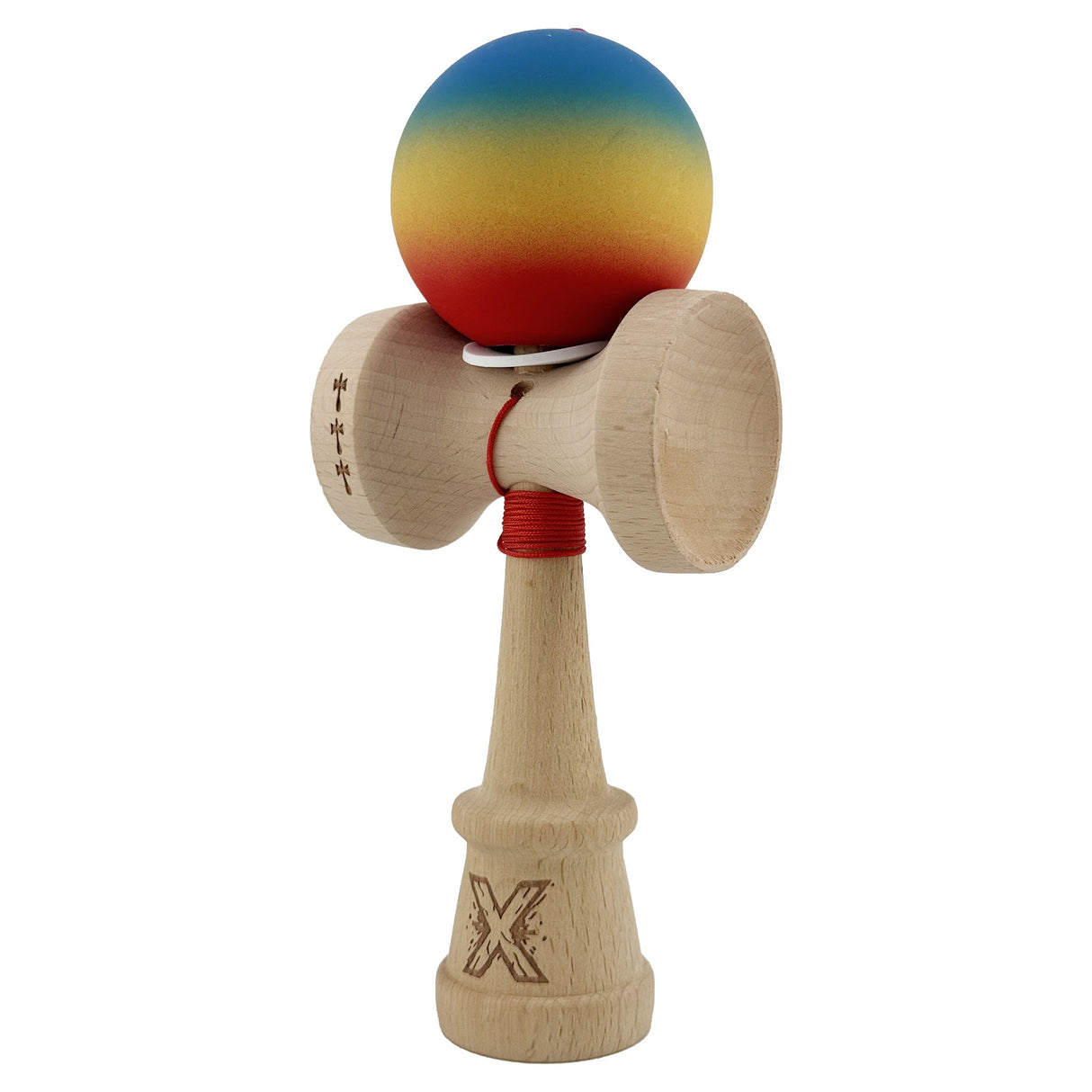 Kendama X Originala, Profesionala, Vivimall, Cupe Mari KING SIZE V3, Rubber Grip, Gaura in Baza, Rulment Metalic, din lemn 18 cm, Ata 55 cm, Gradient Albastru/Galben/Rosu - vivimall.ro