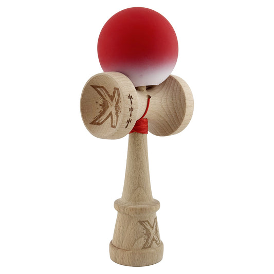 Kendama X Originala, Profesionala, Vivimall, Cupe Mari KING SIZE V3, Rubber Grip, Gaura in Baza, Rulment Metalic, din lemn 18 cm, Ata 55 cm, Gradient Rosu/Alb - vivimall.ro