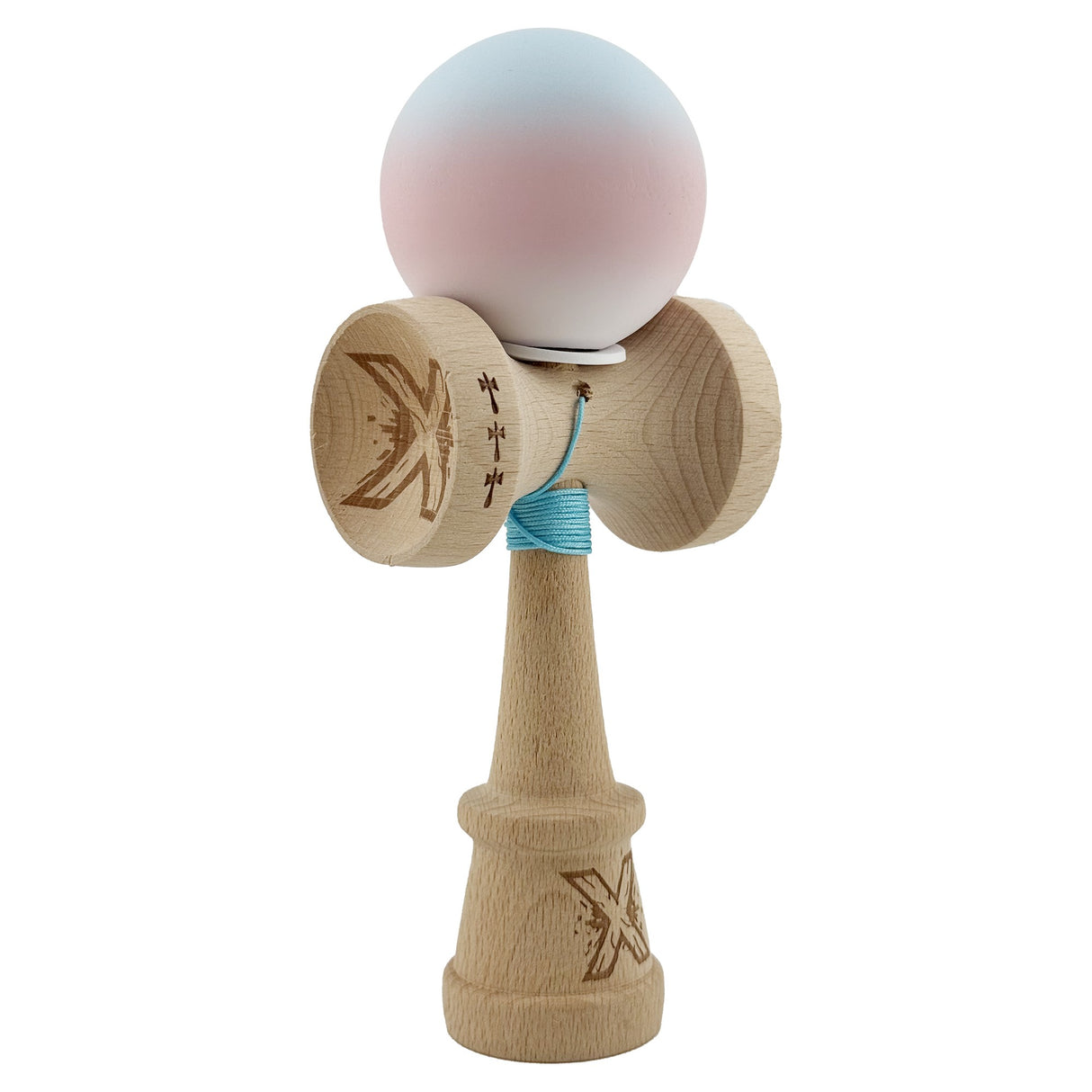 Kendama X Originala, Profesionala, Vivimall, Cupe Mari KING SIZE V3, Rubber Grip, Gaura in Baza, Rulment Metalic, din lemn 18 cm, Ata 55 cm, Gradient Albastru deschis/Roz/Alb - vivimall.ro