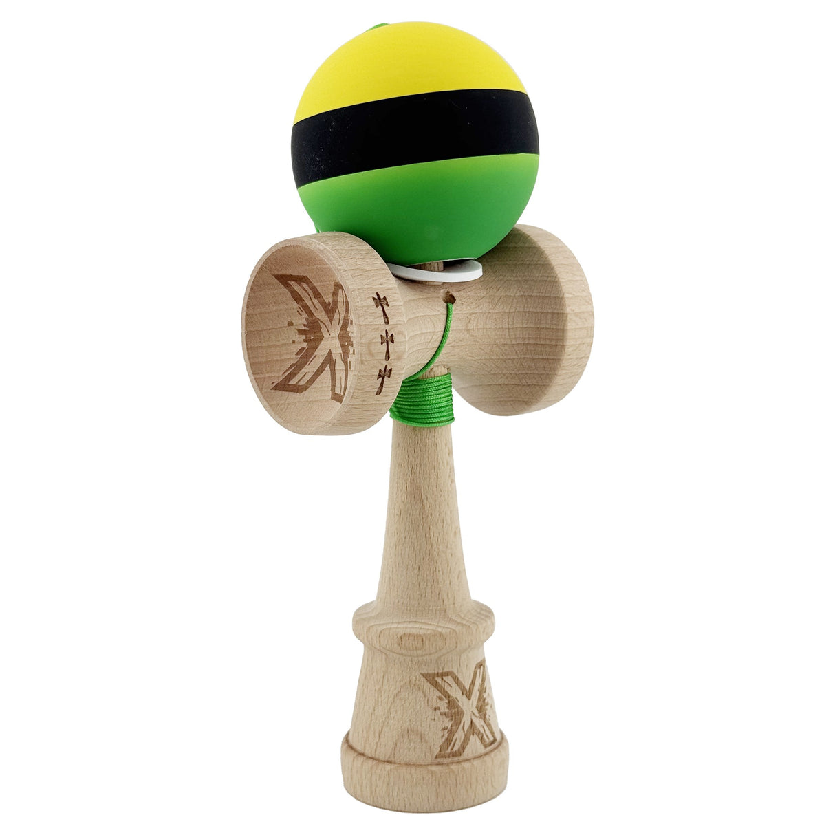Kendama X Originala, Profesionala, Vivimall, Big Cups V3, Rubber Grip model galben/negru/verde - vivimall.ro