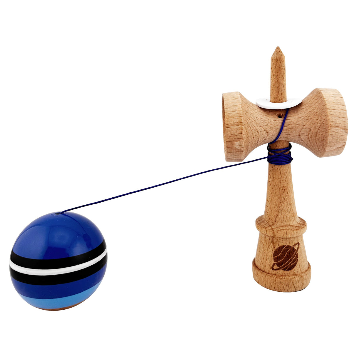 Kendama X Originala, Profesionala, Vivimall, SATURN Blue Planet, Super Sticky cu Cupe Mari KING SIZE V3, Gaura in Baza, Rulment Metalic, din lemn 18 cm, Ata 62/65 cm, Albastru - vivimall.ro