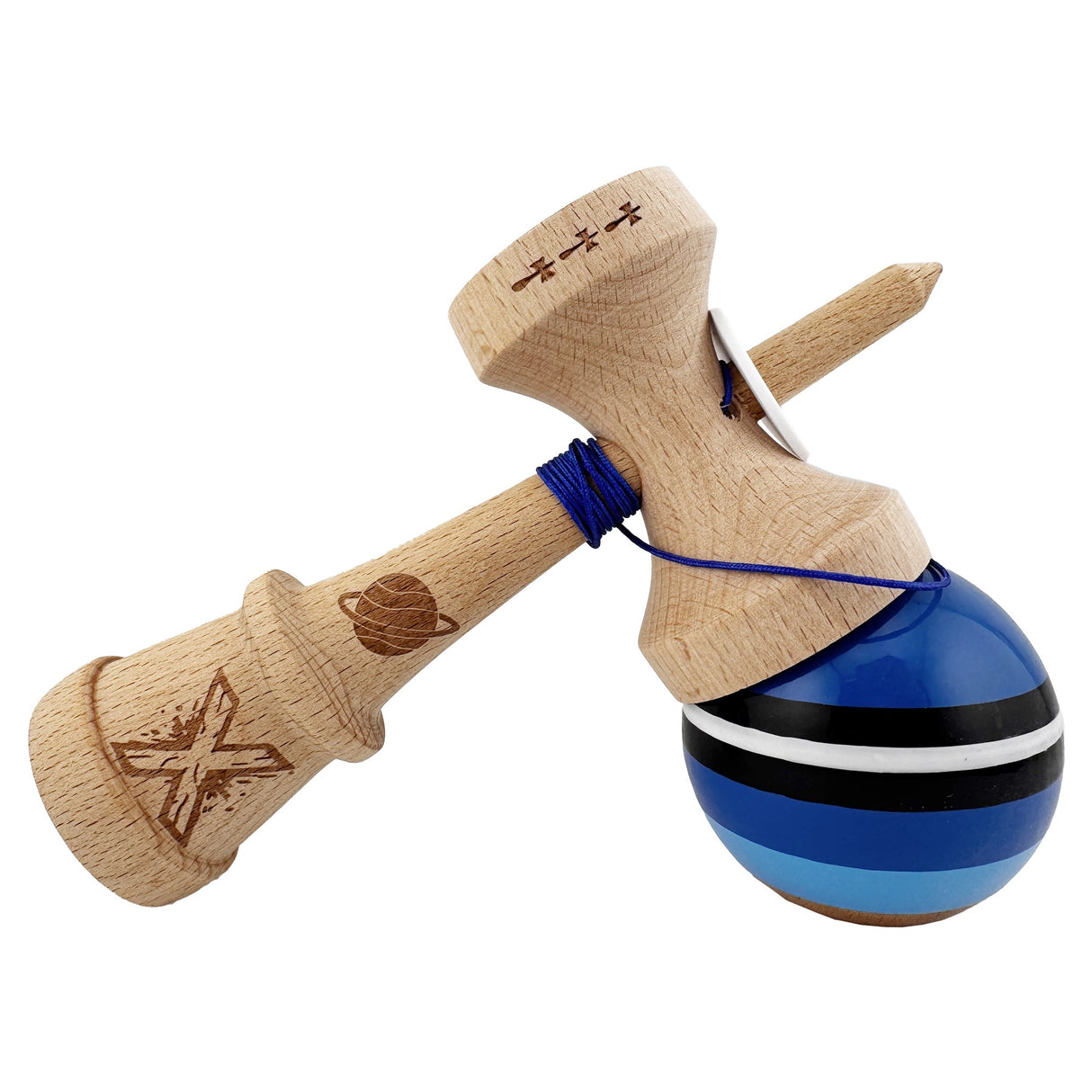 Kendama X Originala, Profesionala, Vivimall, SATURN Blue Planet, Super Sticky cu Cupe Mari KING SIZE V3, Gaura in Baza, Rulment Metalic, din lemn 18 cm, Ata 62/65 cm, Albastru - vivimall.ro