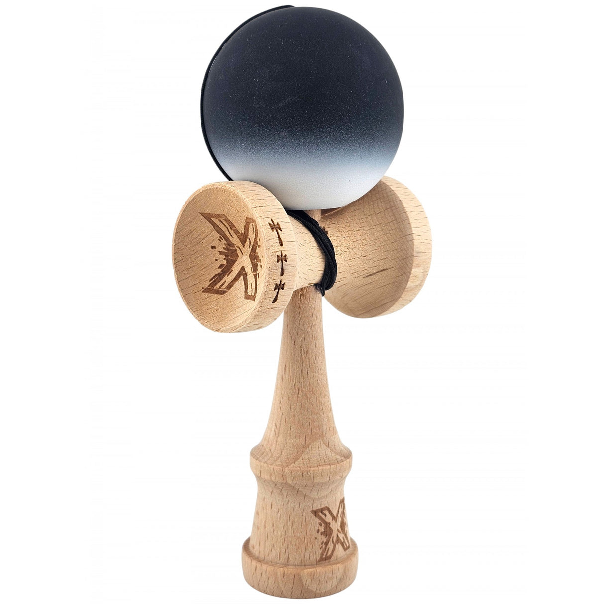 Kendama X Originala, Profesionala, Flippy, Big Cups V2, Rubber Grip cu Cupe Mari, Rulment Metalic cu Ata 55 cm,-Gradient Alb/Negru - vivimall.ro