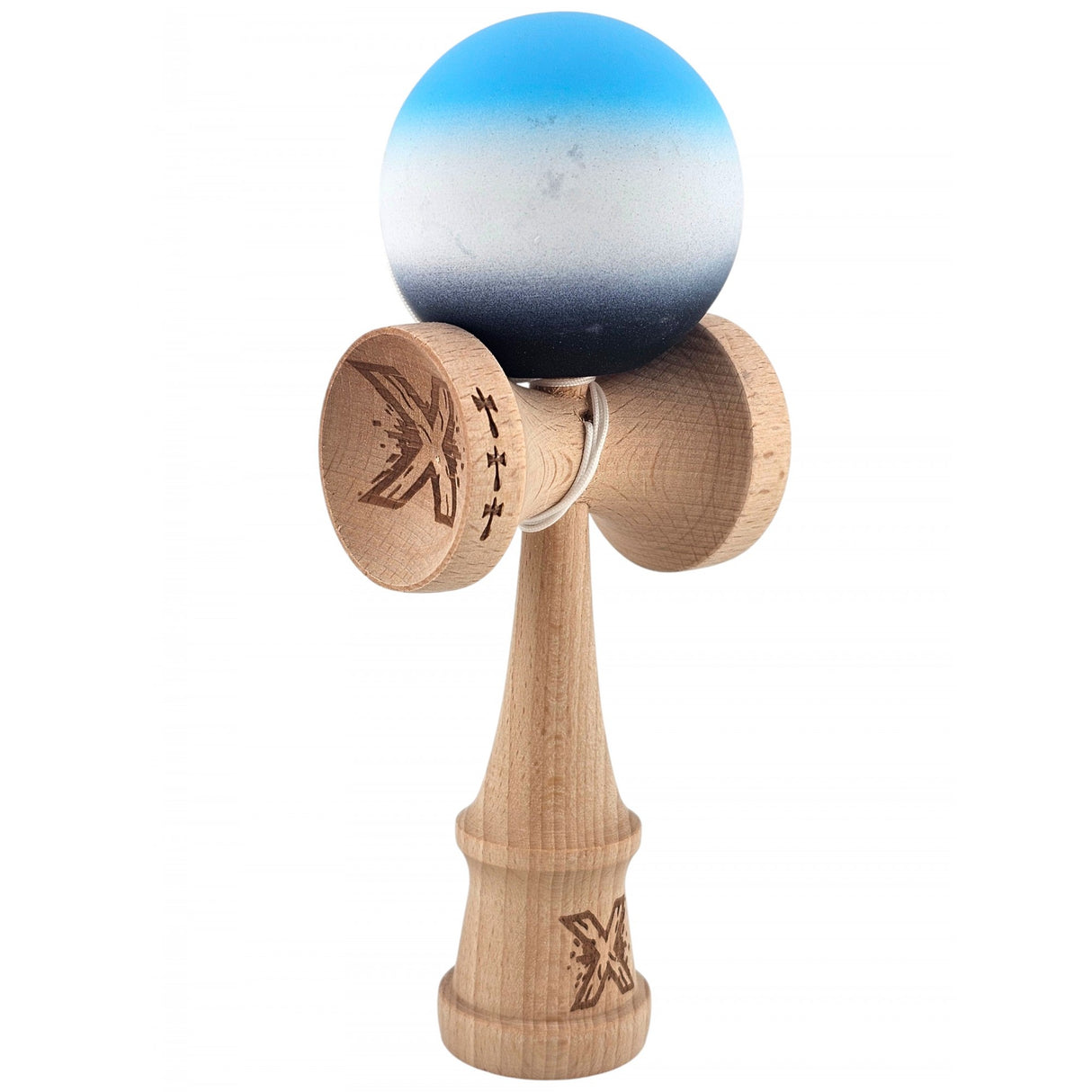 Kendama X Originala, Profesionala, Vivimall, Big Cups V2, Rubber Grip cu Cupe Mari, Rulment Metalic cu Ata 55 cm, Gradient Albastru/Alb/Negru - vivimall.ro