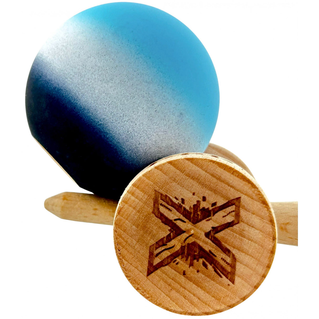 Kendama X Originala, Profesionala, Flippy, Big Cups V2, Rubber Grip cu Cupe Mari, Rulment Metalic cu Ata 55 cm, Gradient Albastru/Alb/Negru - vivimall.ro