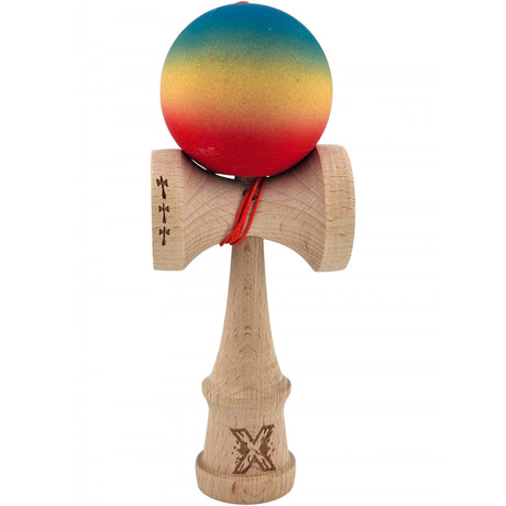 Kendama X Originala, Profesionala, Flippy, Big Cups V2, Rubber Grip cu Cupe Mari, Rulment Metalic cu Ata 55 cm,-Gradient Albastru/Galben/Rosu - vivimall.ro