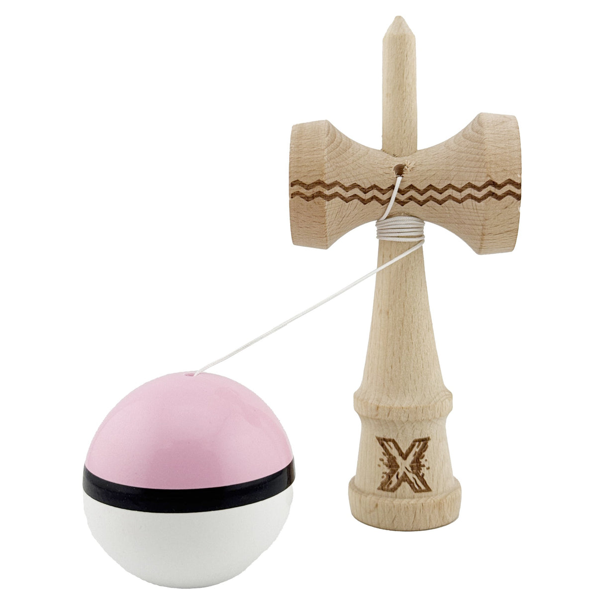 Kendama X Originala, Profesionala, Flippy, din Lemn, Gravata, 18 cm, Super Sticky, Roz/Negru/Alb - vivimall.ro