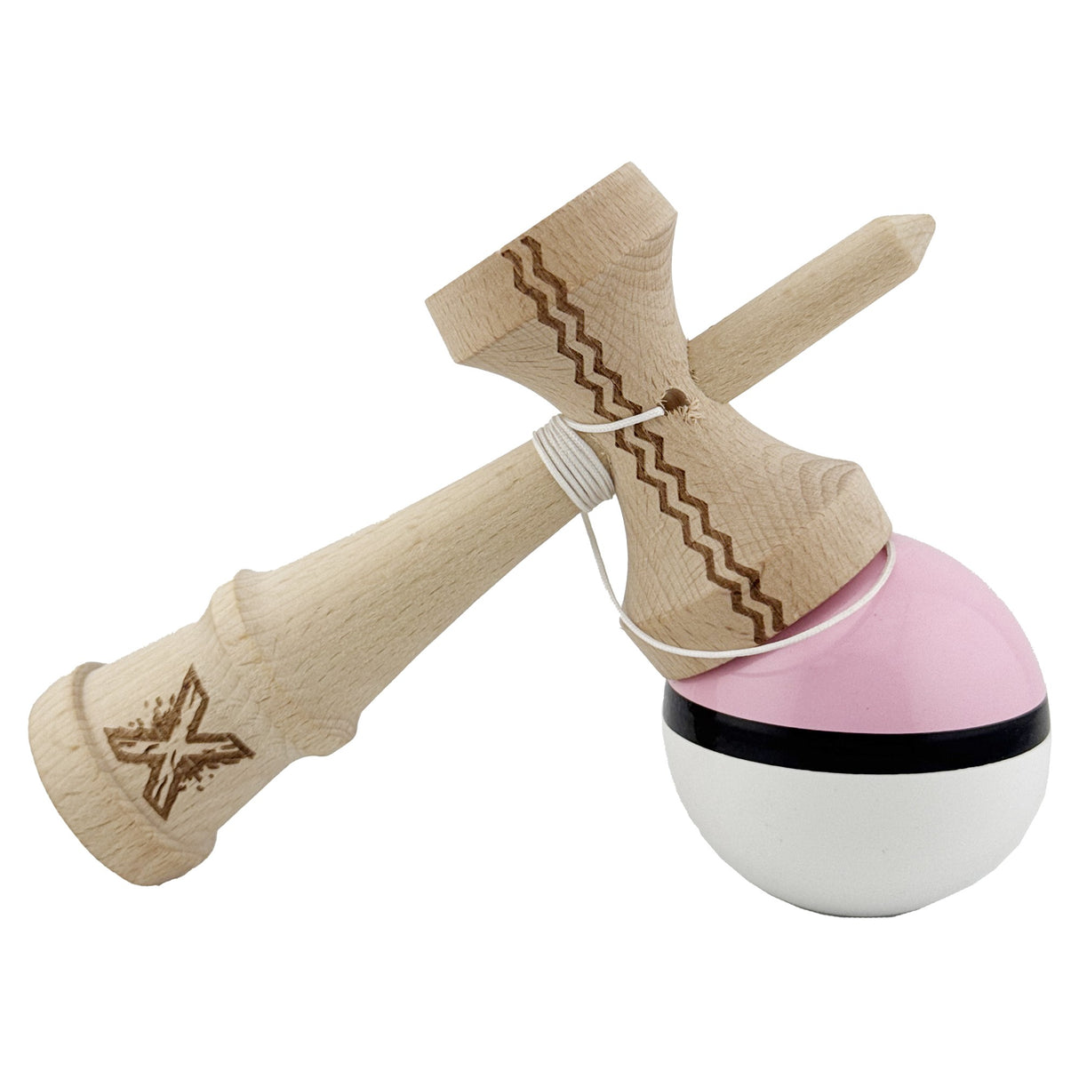 Kendama X Originala, Profesionala, Flippy, din Lemn, Gravata, 18 cm, Super Sticky, Roz/Negru/Alb - vivimall.ro