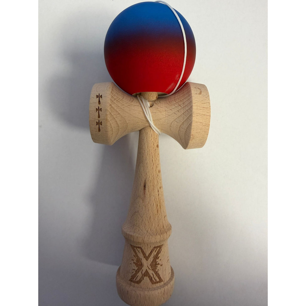 Kendama X Originala, Profesionala, Flippy, din Lemn, Rubber Grip, 18 cm, Albastru/Rosu