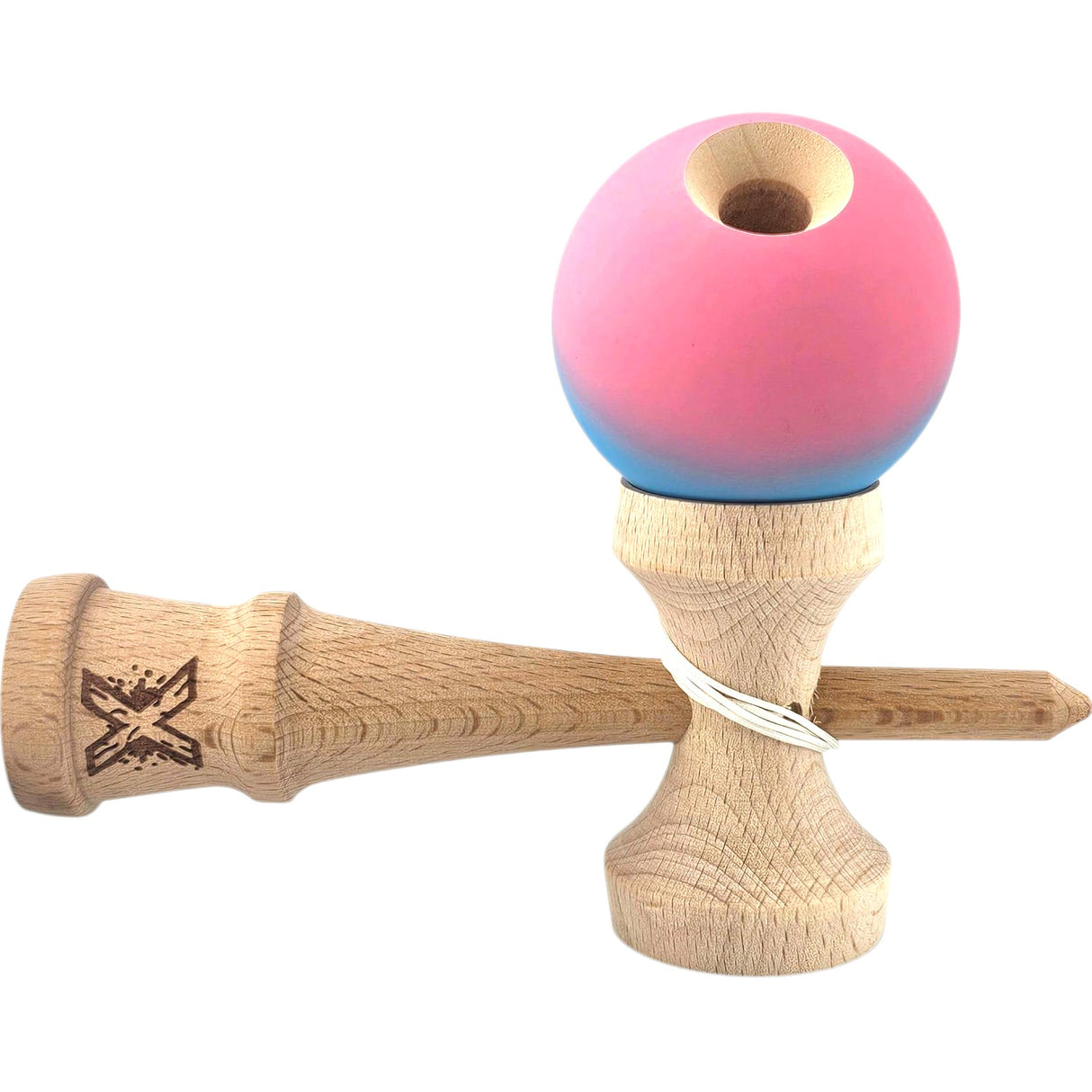 Kendama X Originala, Profesionala, Vivimall, din Lemn, Rubber Grip, 18 cm, Albastru/Roz - vivimall.ro